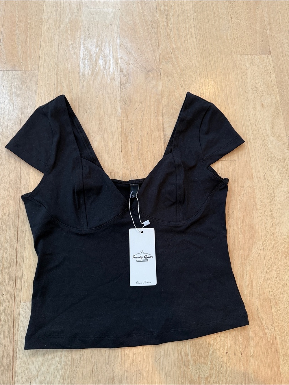 Trendy Queen Black Bustier Crop Top with Cap Sleeves